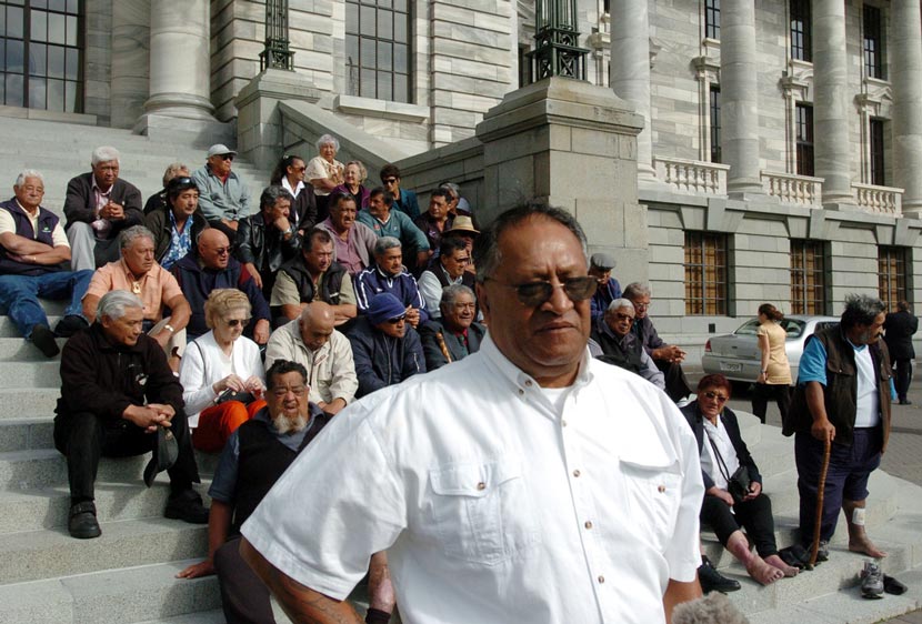 Joe Harawira stands in front of a group of people, who are seated on the steps of Parliament Buildings.