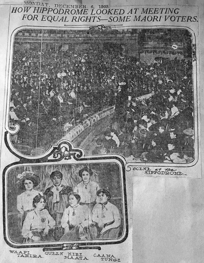 A newspaper clipping including two photographs, one showing a large seated audience at an indoor concert venue and the other a group portrait of six Māori women.