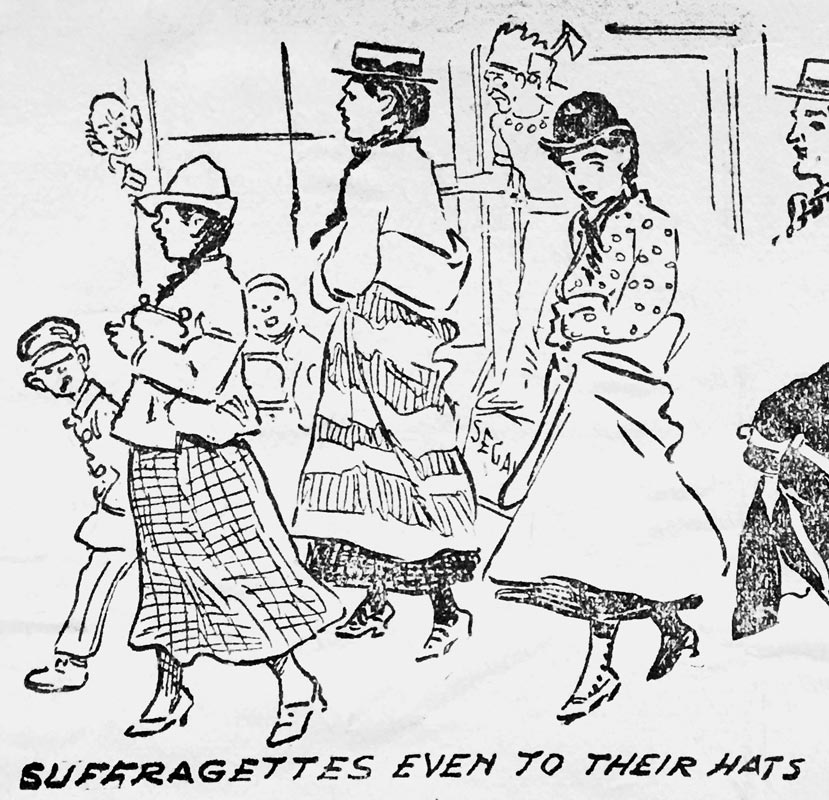 A cartoon depicting three young women wrapped in blankets being stared at by curious onlookers. 