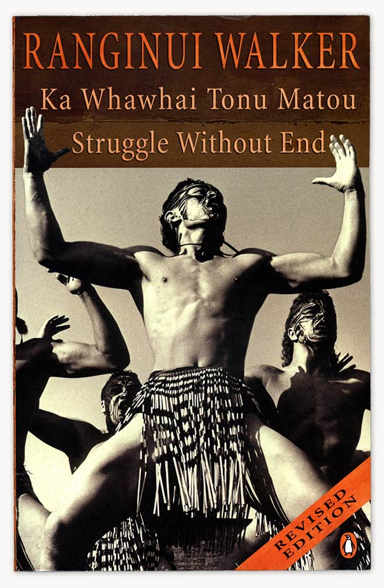The cover of Ka whawhai tonu matou, showing a Māori man in a piupiu performing a haka. 