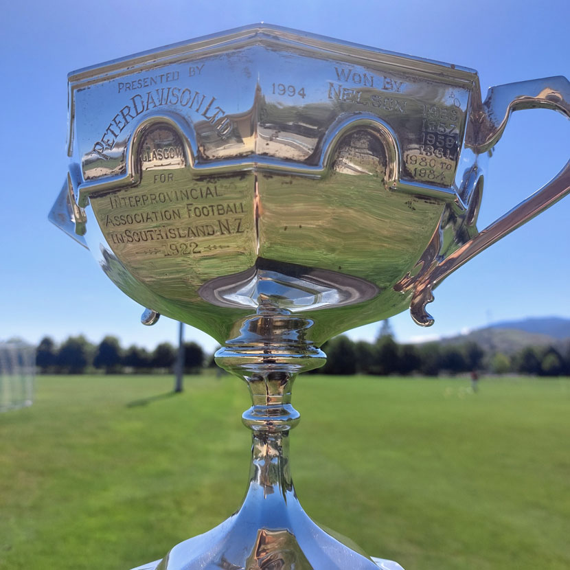 Silver trophy with engraved names set against green field and blue sky.