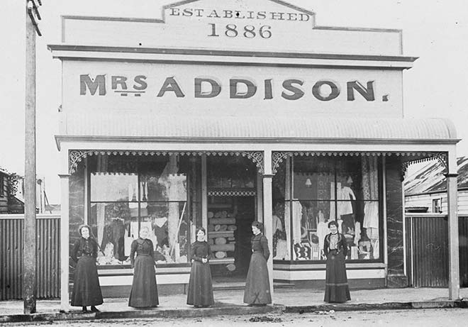 Agnes Addison outside her drapery shop, Hokitika