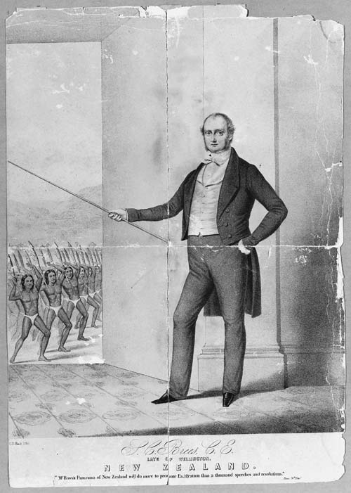 A black and white drawing of Samuel Brees standing in a door way with a group of Maori doing a haka in the background 