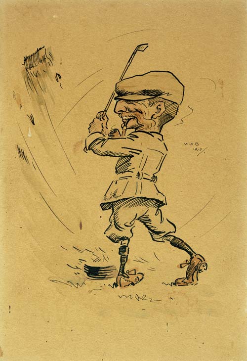 A cartoon of Thomas Ezekiel Crosse playing golf, 1910