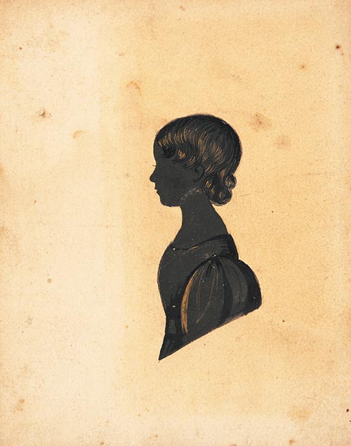 A black silhouette of Ellen Jeffreys against a tan background