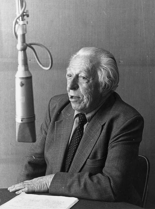 Owen Jensen in a broadcasting studio, 1970s
