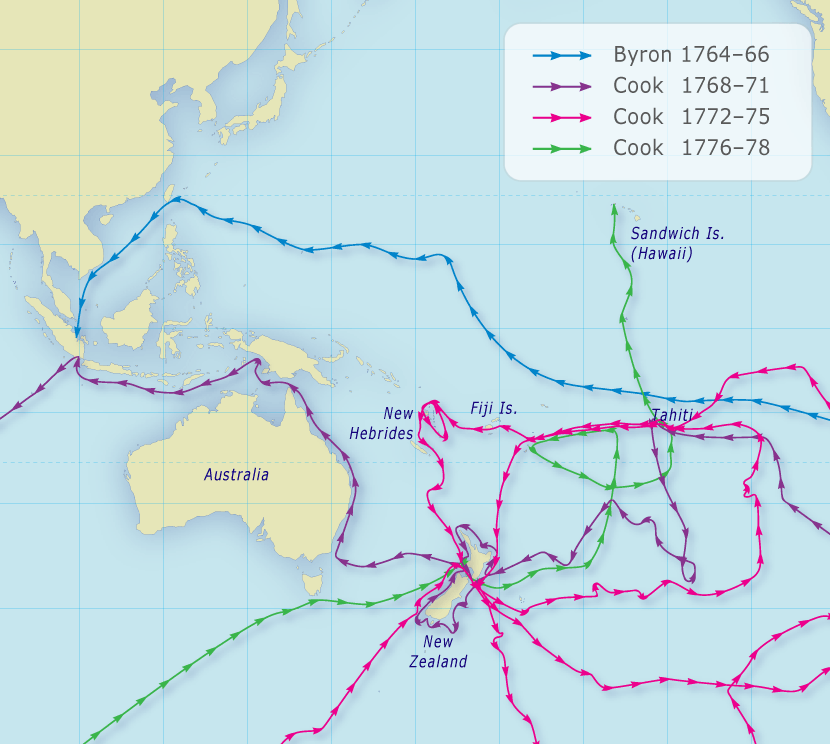Map showing routes of British Pacific expeditions