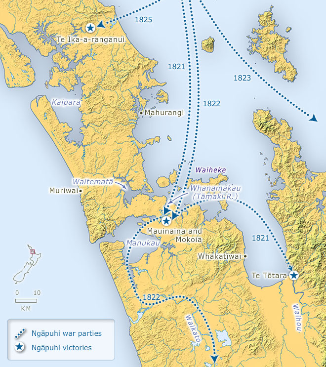 Map of greater Auckland area with dotted lines and arrows pointing to place names