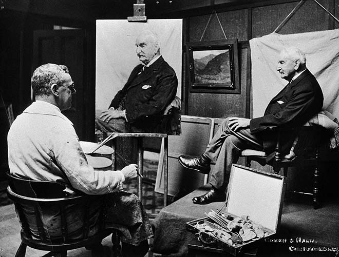 Archibald Frank Nicoll painting a portrait of Sir George Harper, 1931