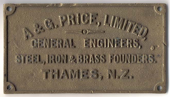 A plaque from a piece of machinery produced by the engineering firm that Alfred Price founded