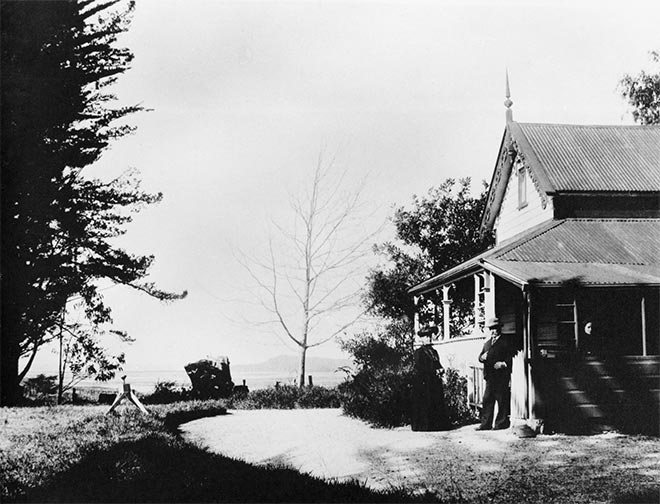 Adela Stewart outside her house, Athenree, Katikati