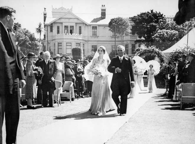 Benjamin Sutherland (right) accompanies his daughter Jean at her marriage to Dr Reay Mackay in 1938