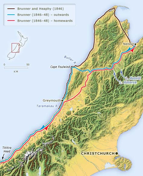 Brunner’s West Coast journeys, 1846–48