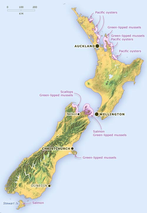 Major aquaculture areas in New Zealand, 2005