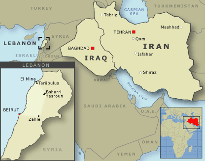 The Middle East showing Iraq, Iran and Lebanon