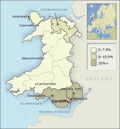 Proportion of Welsh migrants to New Zealand by county of    birth, 1853–70