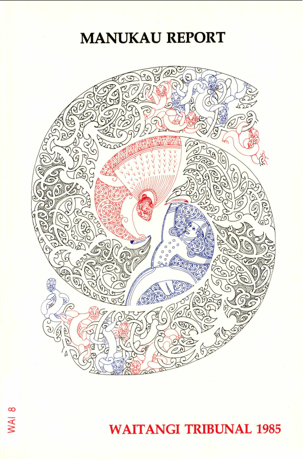 Cover for Manukau Report with an artwork in the centre and Waitangi Tribunal at bottom