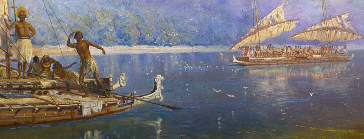 Painting of two ocean-going double-hulled canoes floating into harbour