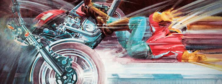 Action drawing of man coming off a speeding motorbike as it crashes