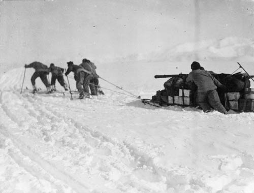 Antarctic explorers on skis