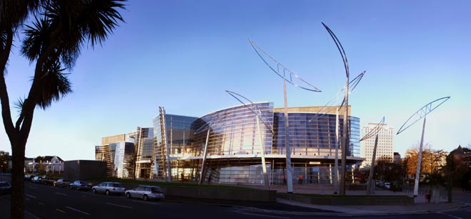 Modern art gallery with large glass frontage