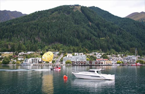 Lake, town and mountain
