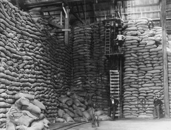 Stacks of sugar sacks