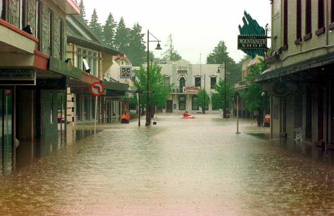 City street filled with flood water.