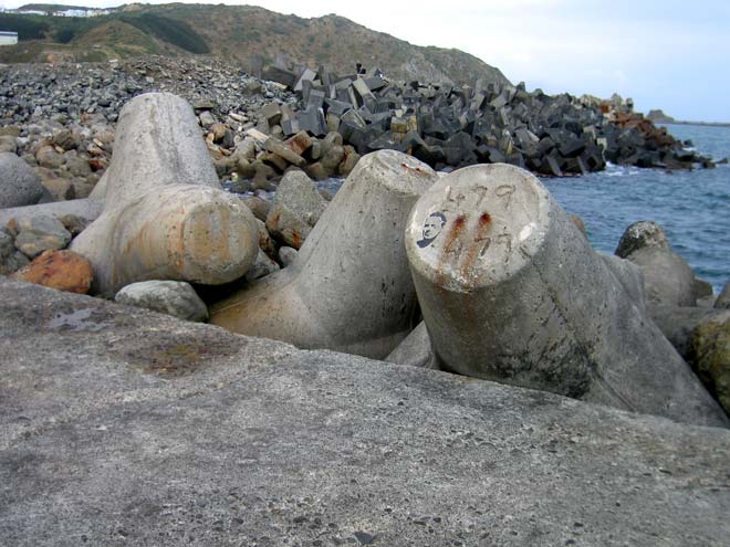 Large concrete forms beside the sea.