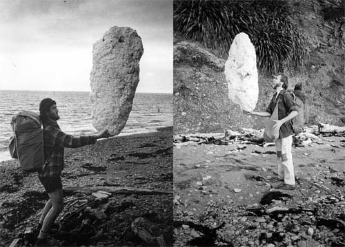 Two images of men on beaches holding large piece of polystyrene