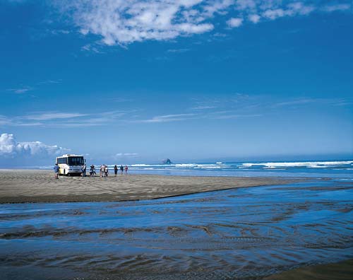 Tour coach on Ninety Mile Beach