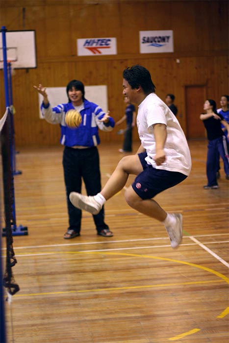 Practising sepak takraw, Canterbury University, 2004