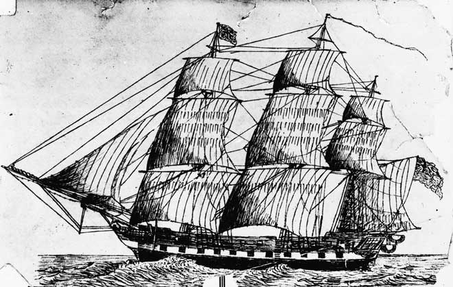 Drawing of an old three mast ship