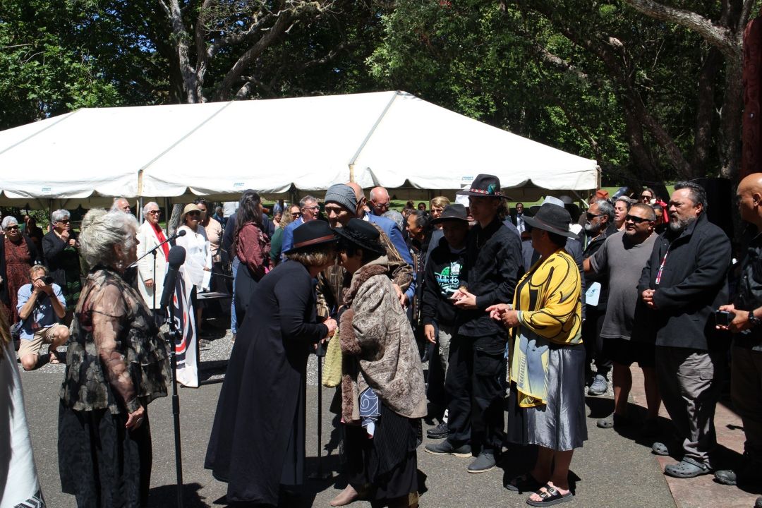 A group of people lining up facing each other with two pressing noses in greeting