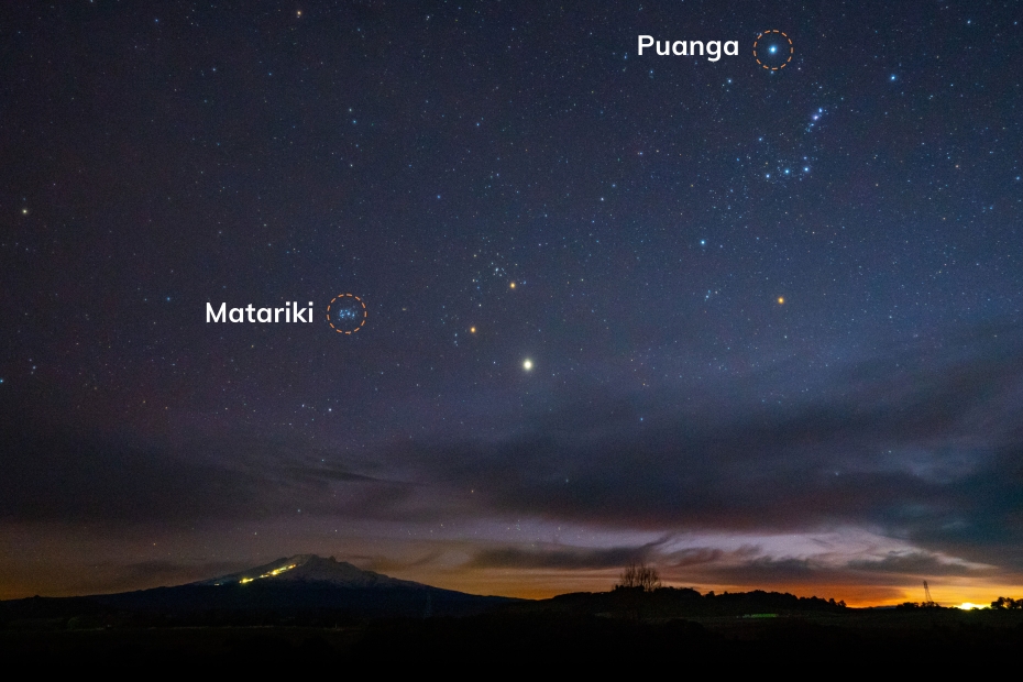 Night sky over mountain with Matariki and Puanga stars highlighted