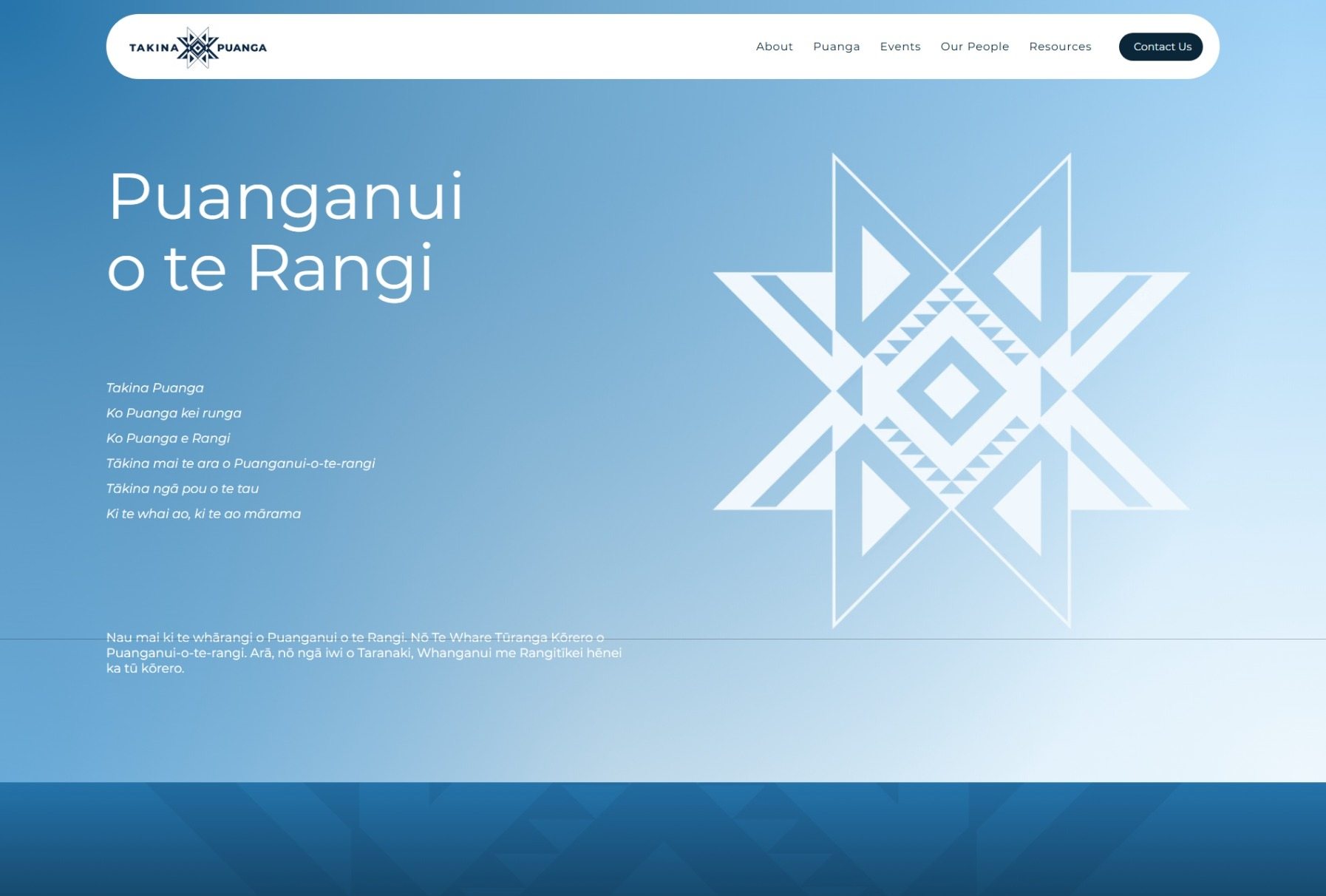 Website homepage for Puanganui o te Rangi