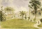 Two buildings set among trees with a lawn and path in front.