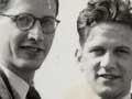 Two men on steps of airplane