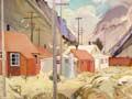Painting of Arthur's Pass showing buildings, mountains and telephone poles