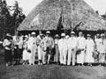 Olaf Nelson (middle, sixth from left) with his daughters on their return to Samoa from exile in New Zealand, 1933