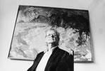Toss Woollaston with his work 'Landscape near Santa Fe', 1991
