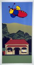 Painting of buzzy bee above villa in rural setting