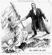 Cartoon of woman holding flag declaring Perfect Political Equality being helped by man up to the 'Parliamentary heights'