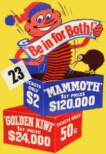 Golden Kiwi poster with jack in the box encouraging people to 'Be in for both'