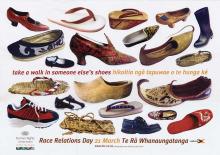 Poster of different shoes with text 'take a walk in someone else's shoes' translated and Race Relations Day 25 March, also translated into reo Māori