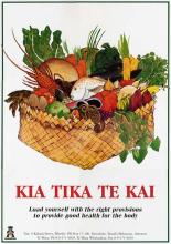 Poster with kete of healthy food and title Kia Tika Te Kai