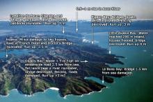 Image of Bank Peninsular overlaid with descriptions of different areas