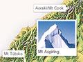 Partial map of the South Island with an overlaid photo of the snow-capped peak of Mt Aspiring