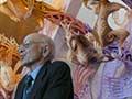 Dr Ranginui Walker speaking in front of Te Papa marae