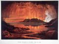 Mountain erupting with fire and smoke behind lake and people fleeing in the foreground